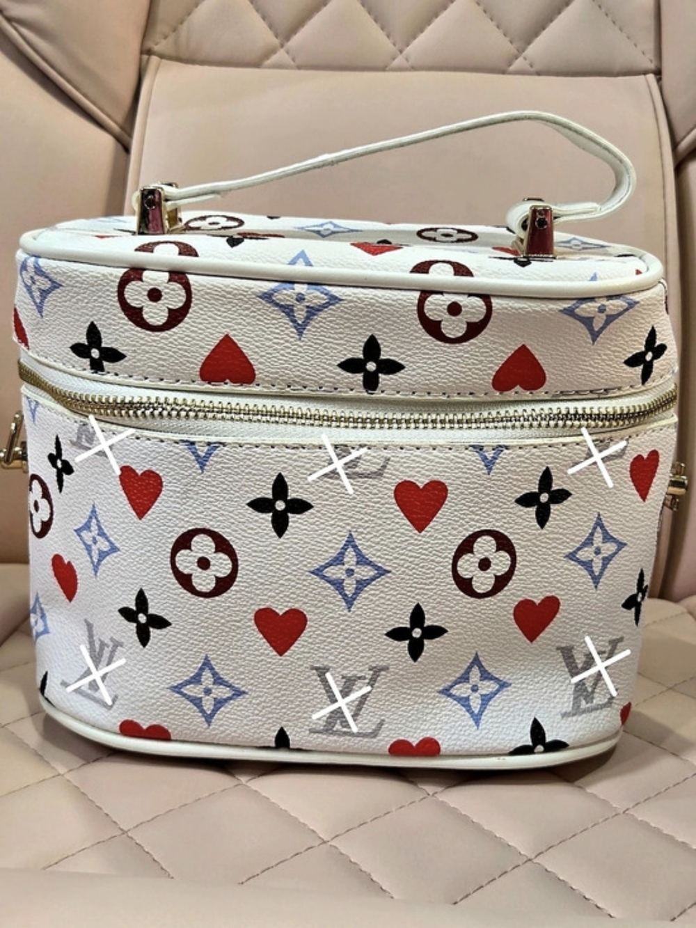 White Monogram With Hearts Cosmetic Travel Bag